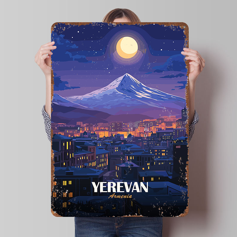 Home Decor Yerevan - Affiche métallique Paysage nocturne d'Érevan, Arménie