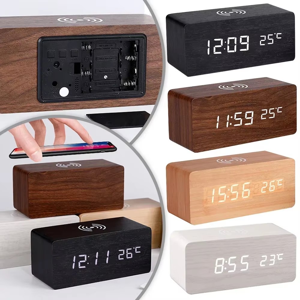 Vintage Alarm Clock - Réveil numérique LED en bois alimenté